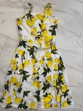 White Lemon-Print Sundress with Buttons